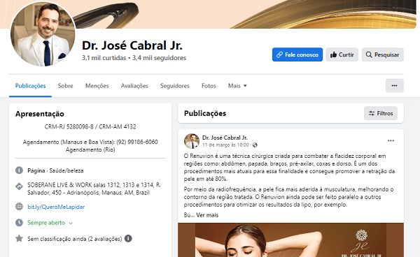 página profissional de médico no facebook