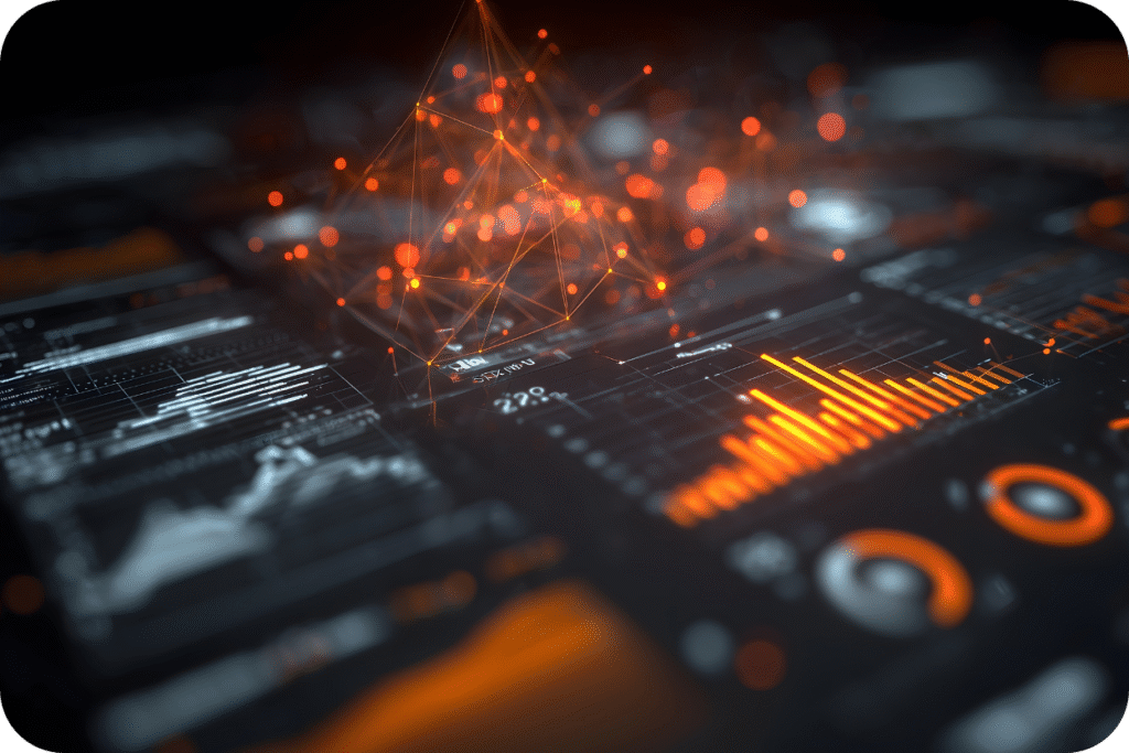 Representação abstrata e digital de uma rede de dados (data network). Em primeiro plano, diversos gráficos, medidores e indicadores digitais em tons de laranja e cinza estão dispostos em um painel escuro. Acima, uma estrutura de pontos de luz conectados por linhas (nós e arestas) brilha em laranja, simbolizando a complexidade e a interconexão de dados e inteligência artificial.