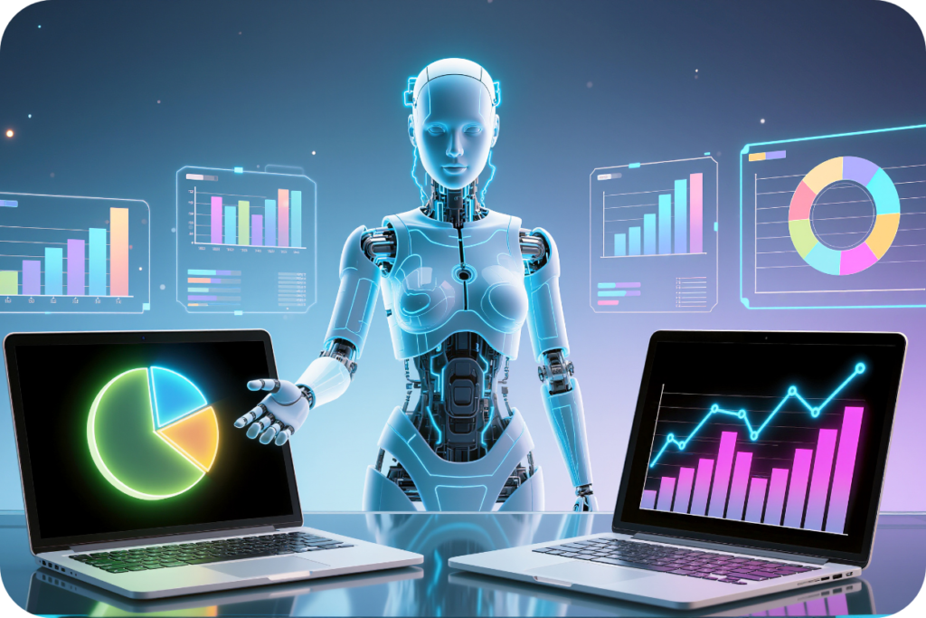 Robô humanoide futurista azul posicionado atrás de laptops que exibem gráficos de crescimento coloridos e painéis de dados holográficos flutuantes, ilustrando a análise de métricas e a otimização do funil de vendas com inteligência artificial.