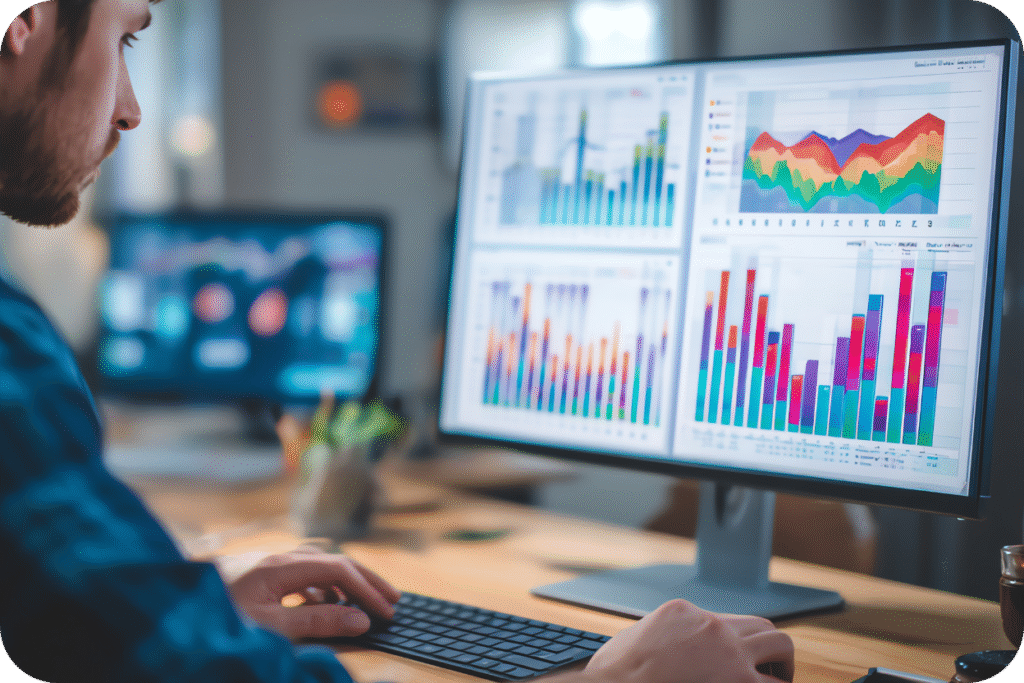 Um profissional de marketing ou analista financeiro, de perfil, trabalhando em um monitor de computador que exibe um painel de controle (dashboard) complexo, cheio de gráficos de barras coloridos, gráficos de área empilhada e diversas visualizações de dados, representando análise de KPIs e performance de negócios.