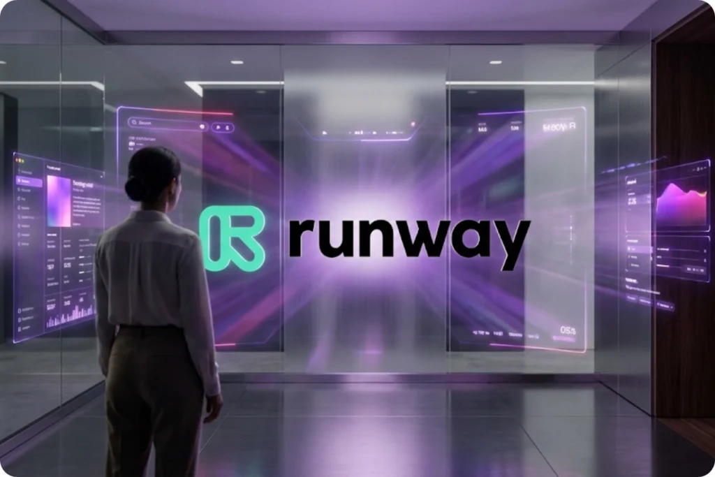 Representação tecnológica da plataforma Runway ML para criação e edição de vídeos com inteligência artificial. A imagem destaca a estética moderna e inovadora da ferramenta, simbolizando o futuro da produção audiovisual de alta performance para o marketing digital.