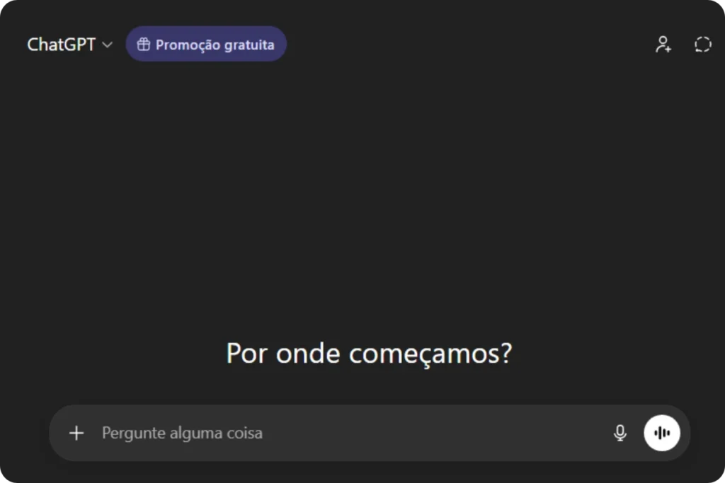 Interface do ChatGPT, ferramenta de inteligência artificial generativa utilizada para planejamento estratégico e criação de conteúdo. A imagem ilustra o ponto de partida para a interação conversacional com a IA, destacando a simplicidade e a prontidão da ferramenta para processar demandas de marketing e negócios.