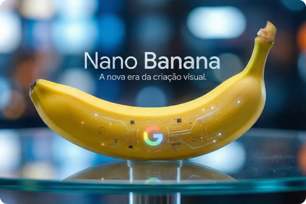 IA Nano Banana do Google para geração de imagens. A imagem mostra uma banana com componentes tecnológicos e o logo do Google, simbolizando a nova era da criação visual e inteligência artificial no marketing.