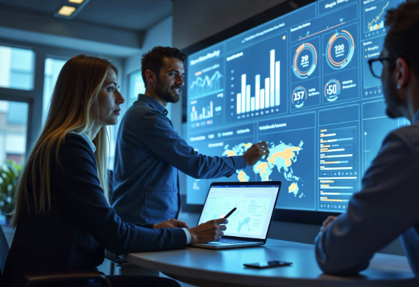 Equipe de analistas em uma sala de situação moderna utilizando um painel de Business Intelligence gigante. Um homem aponta para um mapa-múndi digital com indicadores de performance em tempo real, enquanto uma colega observa os dados em um notebook à frente. A iluminação azul e os gráficos complexos reforçam o conceito de big data e gestão estratégica global.