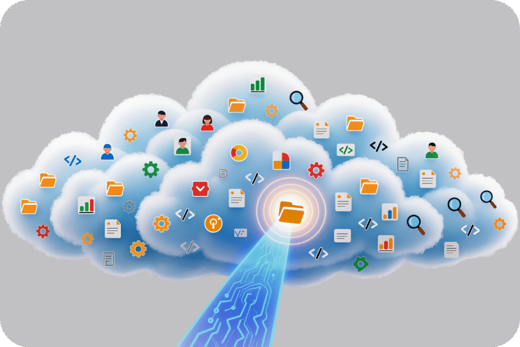 Ilustração conceitual de uma nuvem (Cloud) contendo diversos ícones que representam silos de dados fragmentados, como pastas de arquivos, gráficos, códigos e perfis de usuários (avatares). Um feixe de luz azul e laranja, que simboliza a centralização de dados (CDP), está direcionado para um ícone de pasta central dentro da nuvem, indicando a unificação e o fluxo de dados em um único ponto.